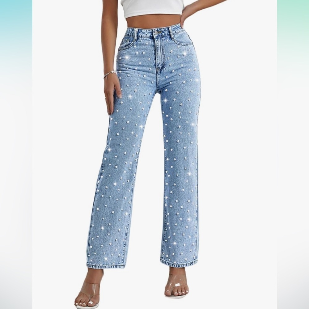 Pearl Embellished Denim Jeans Straight Leg High Waist Stretch Flare Bootcut Pant